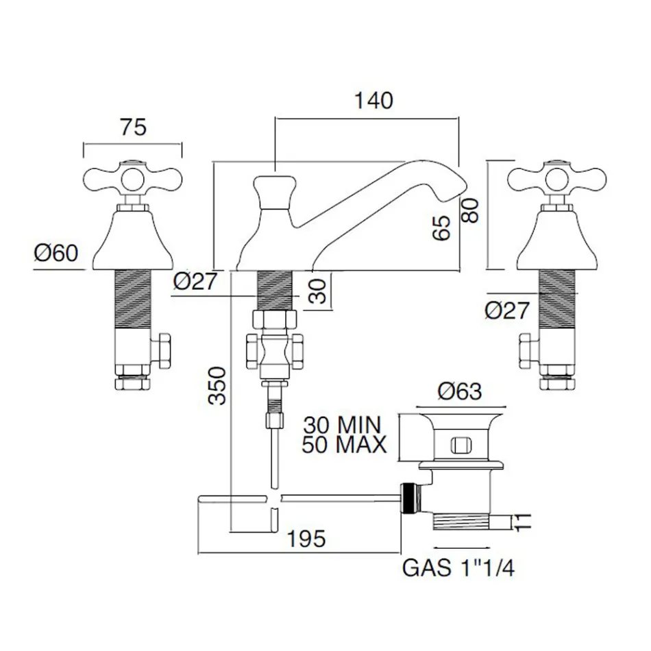 Torneira para pia de banheiro com 3 furos em latão com ralo estilo clássico - Ercolina Viadurini