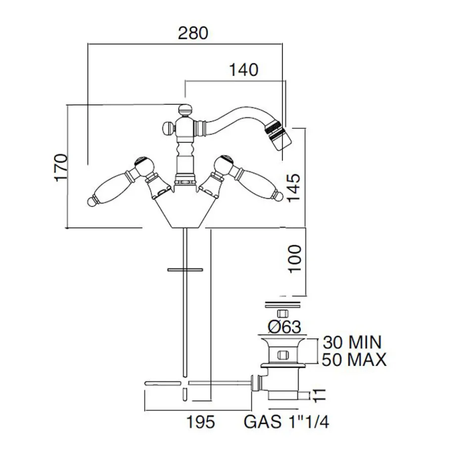 Torneira para bidê clássica de furo único com alavancas de latão artesanais - Noriana Viadurini
