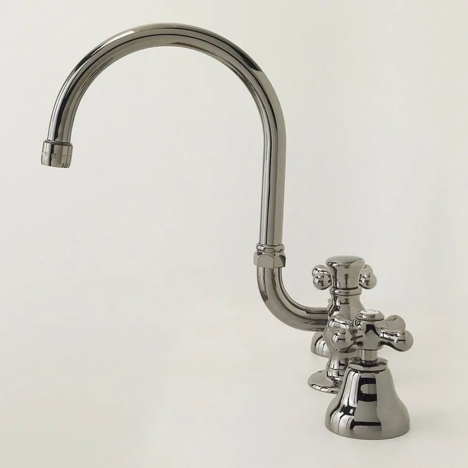 Torneira para pia de banheiro com 3 furos em latão com bica alta e ralo - Ercolina Viadurini