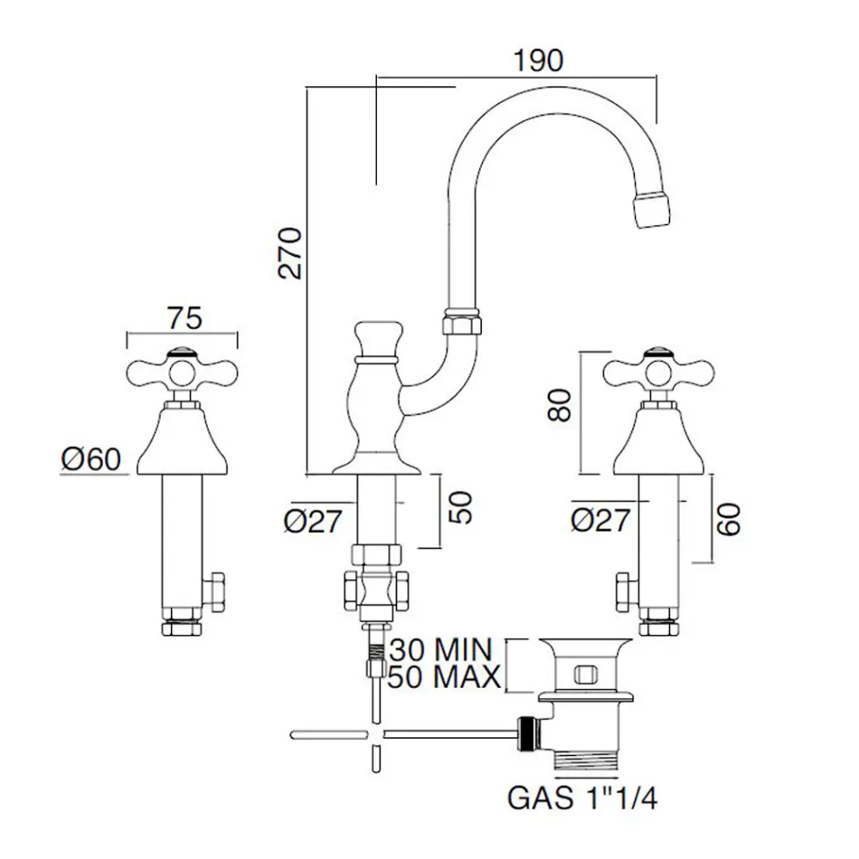 Torneira para pia de banheiro com 3 furos em latão com bica alta e ralo - Ercolina Viadurini