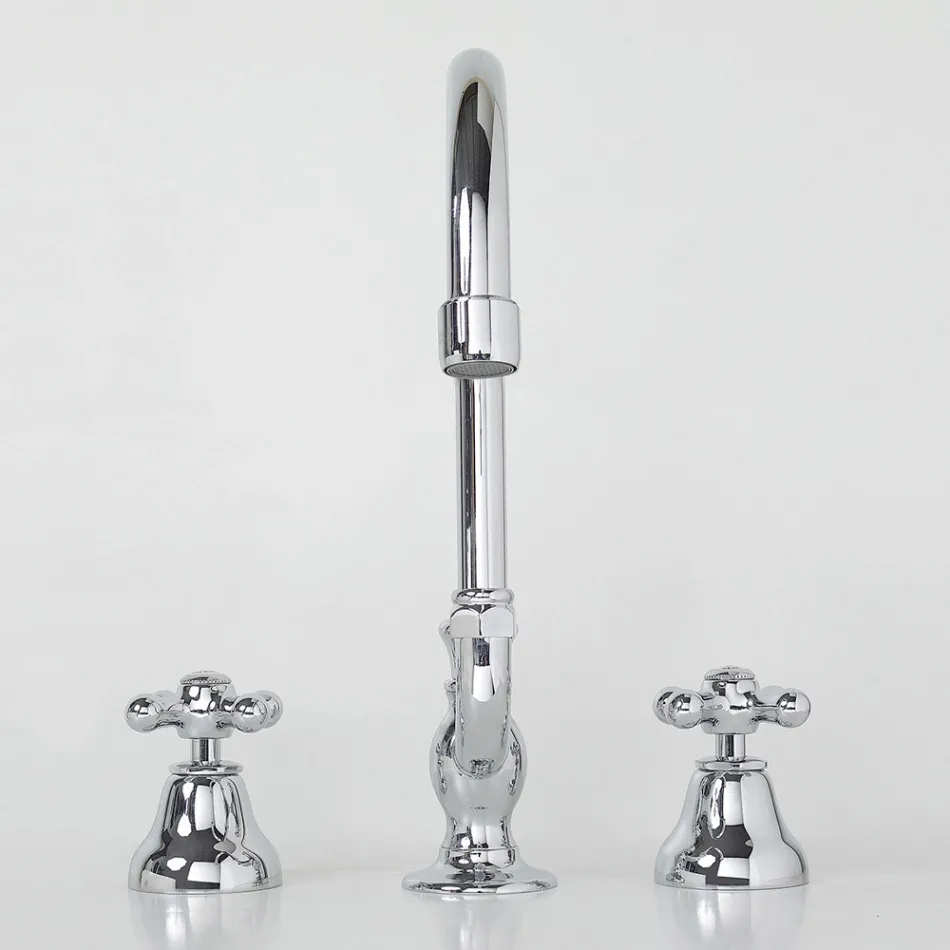 Torneira para pia de banheiro com 3 furos em latão com bica alta e ralo - Ercolina Viadurini