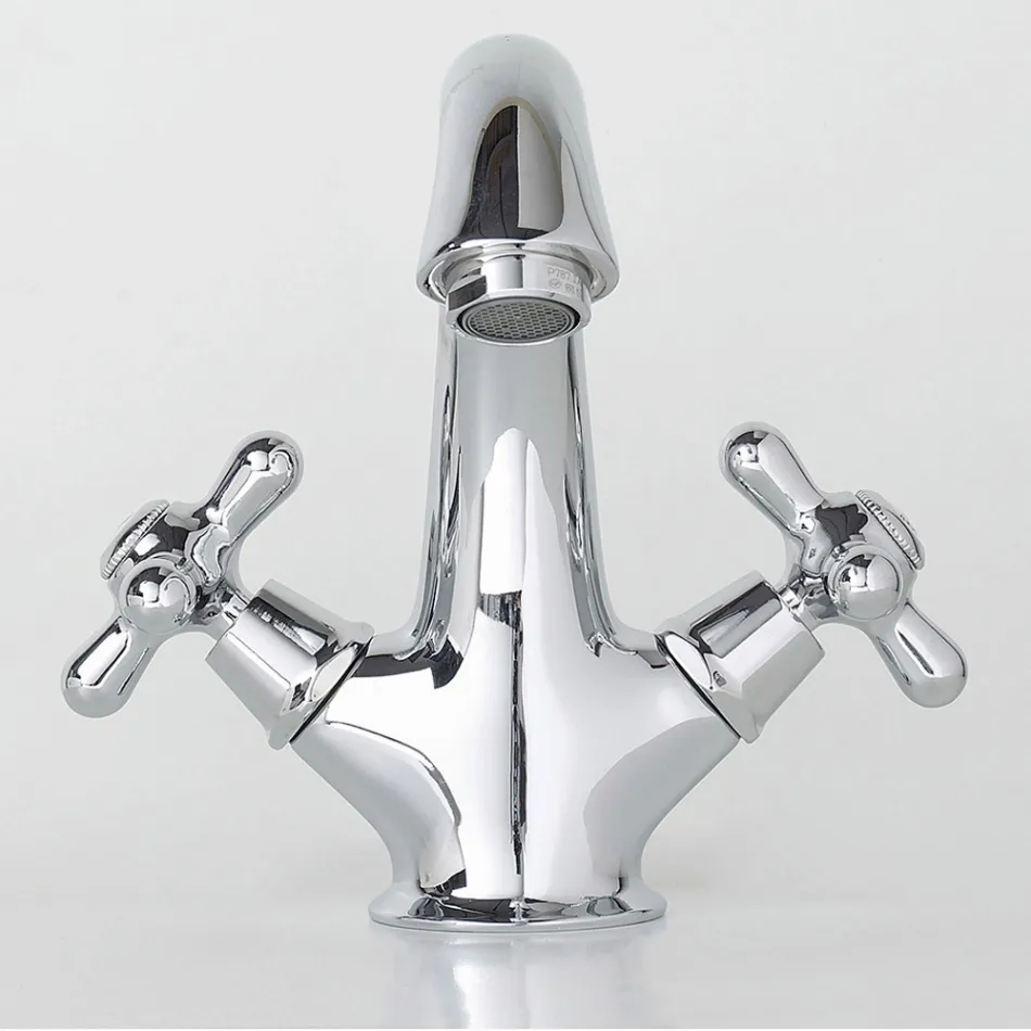 Torneira para pia de banheiro com furo único em latão com ralo estilo clássico - Ercolina Viadurini