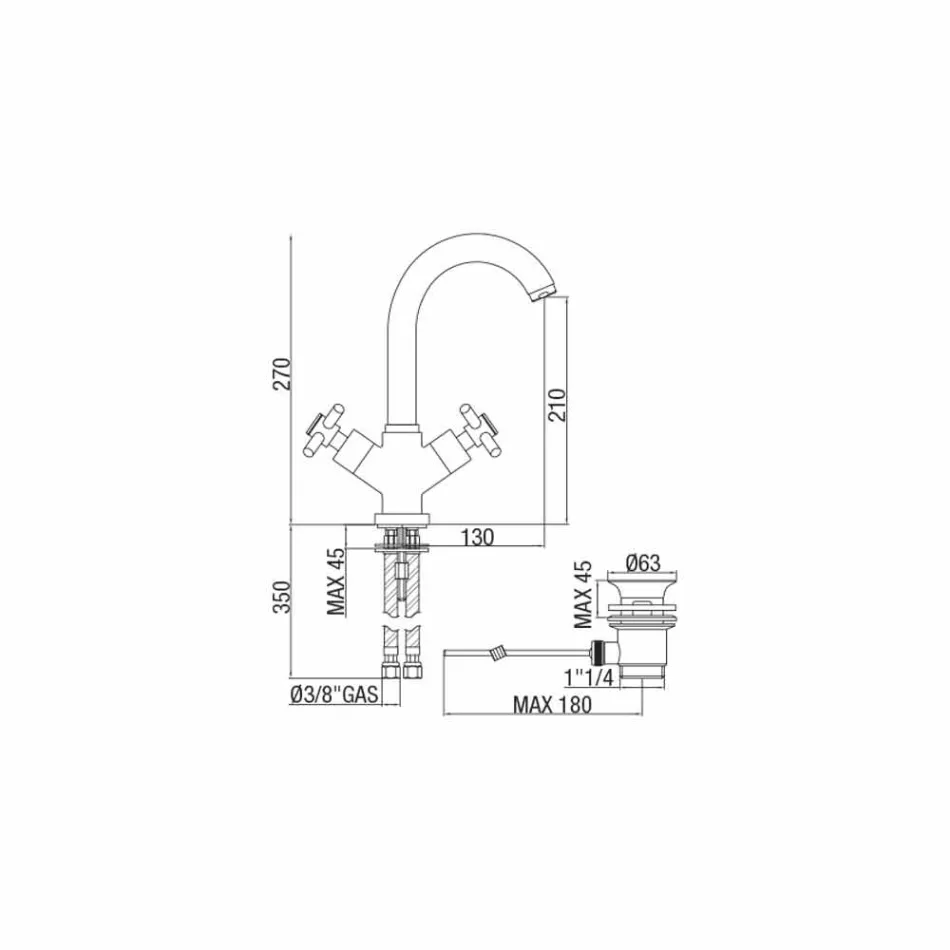 Torneira ajustável de um único orifício com dreno de latão cromado Fabricado na Itália - Zumbo Viadurini