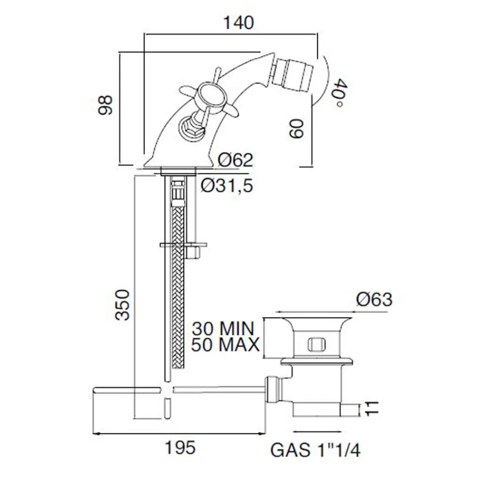 Torneira para bidê clássica de furo único com alças de latão e borboleta - Miriano Viadurini