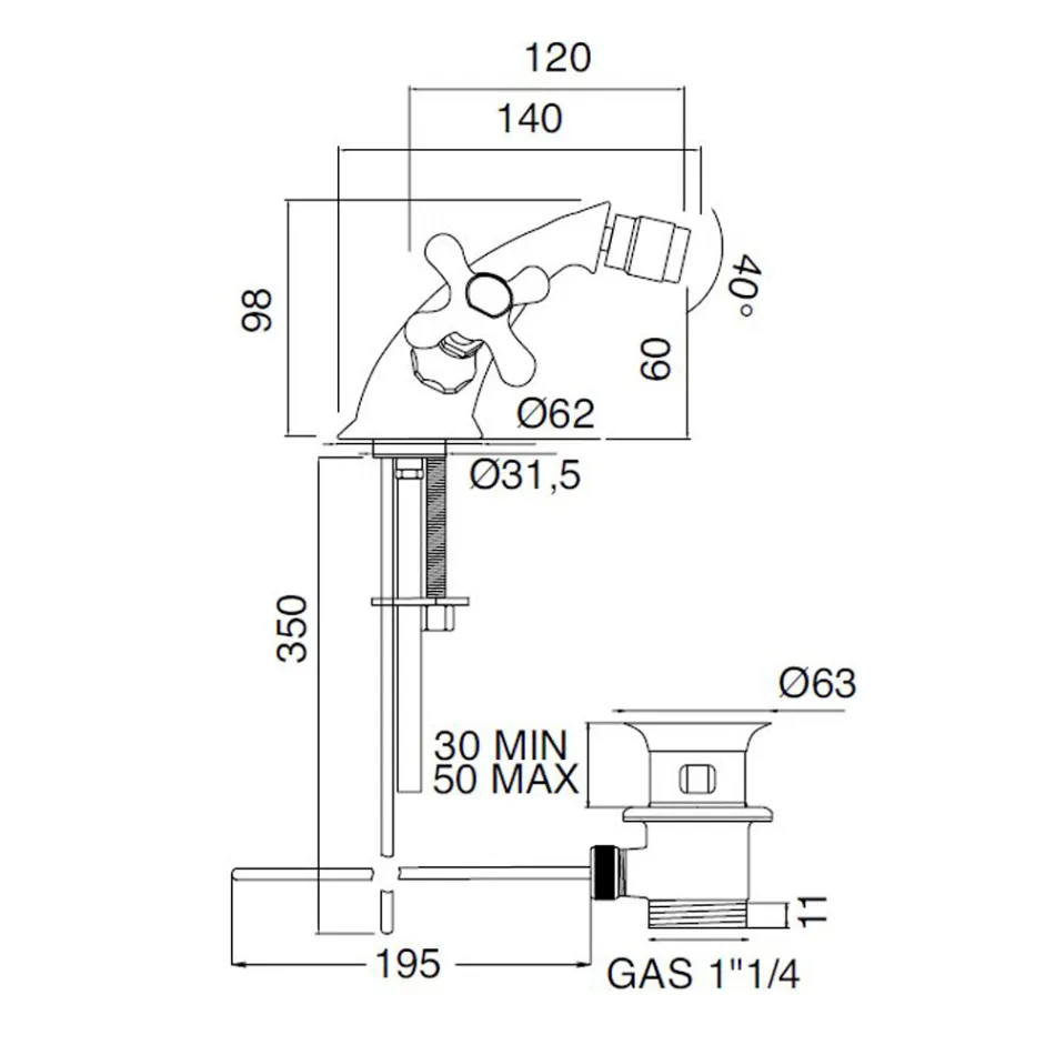 Torneira para bidê de latão com furo único e desperdício estilo clássico - Ercolina Viadurini