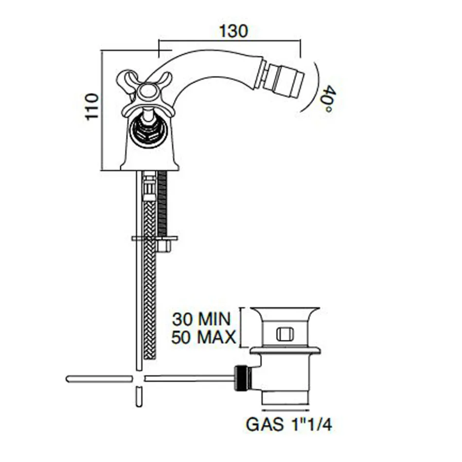 Torneira para bidê de furo único em latão com alças borboleta clássicas - Fioretta Viadurini