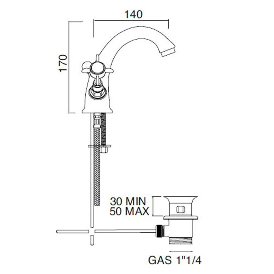 Torneira para pia clássica de furo único com cabo de latão e borboleta - Miriano Viadurini