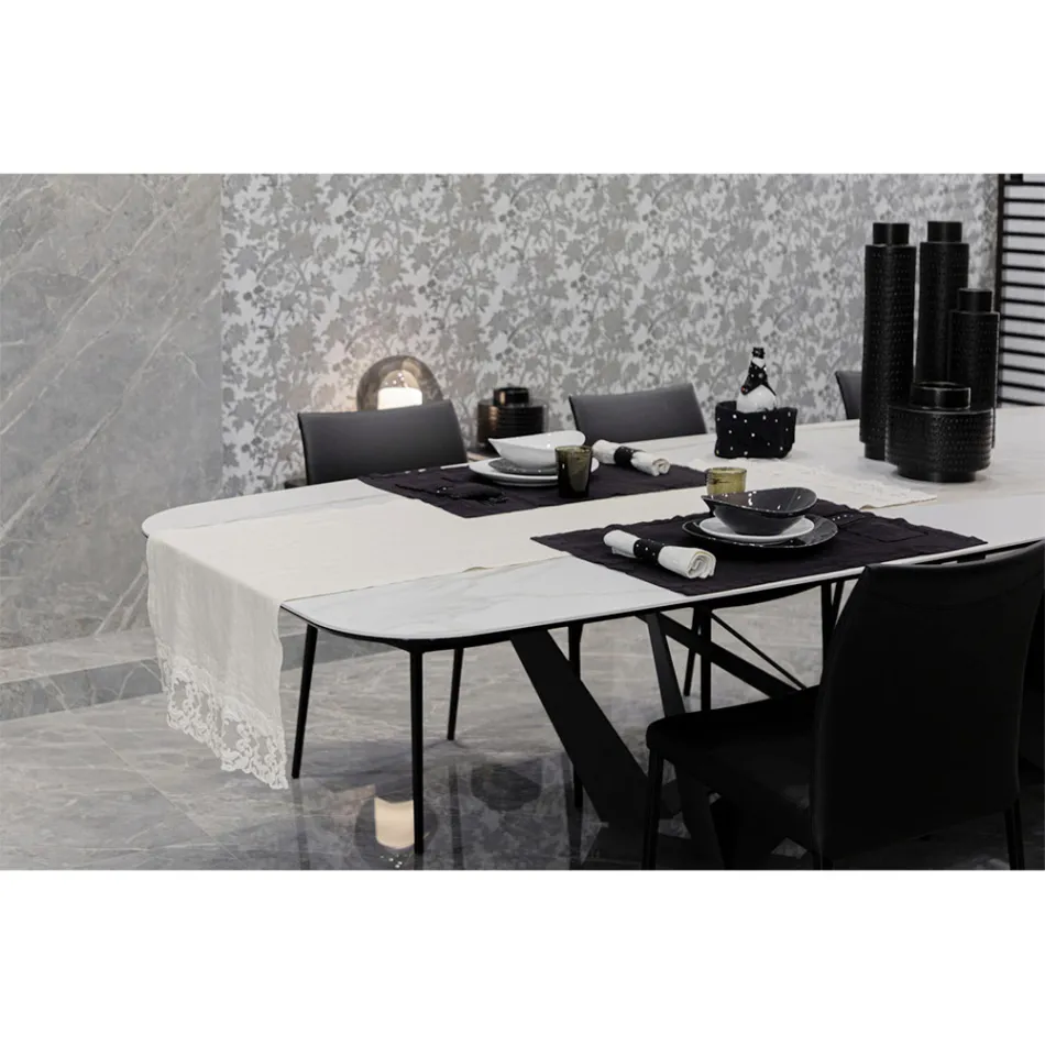 Corredor de Mesa em Linho com Renda Branca Qualidade Italiana de Luxo - Farnese Viadurini