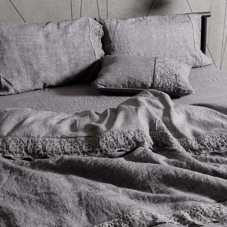 Bolsa de armazenamento para capa de edredom de linho com renda e botões Sinergia - Energis Viadurini