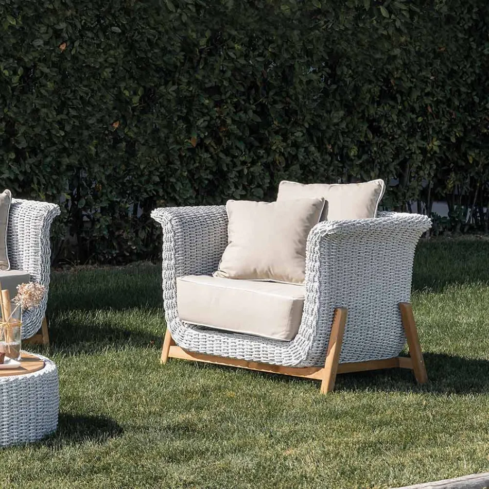 Lounge de jardim modular em teca e corda tecida à mão - Arjuna Viadurini