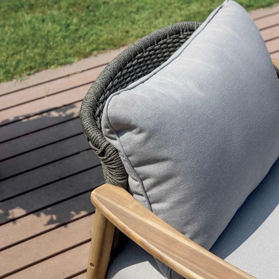 Conjunto de espreguiçadeiras Rosira em madeira de acácia com corda e almofadas cinzentas. Viadurini