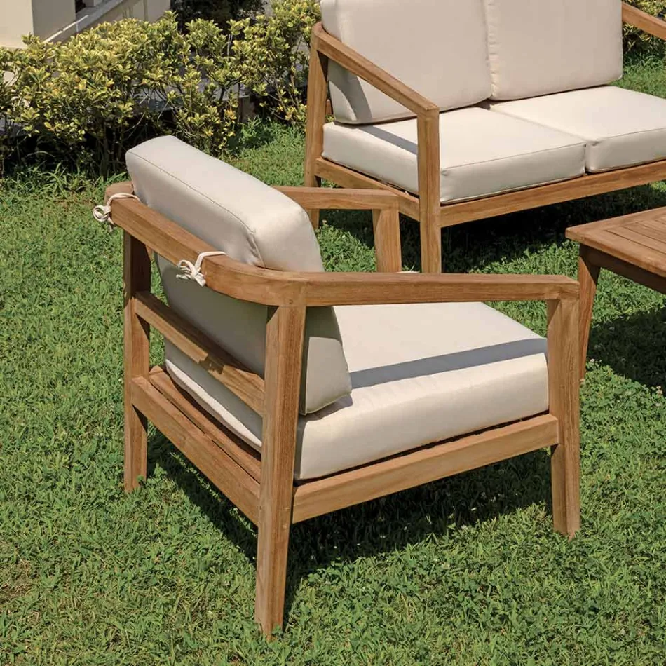 Conjunto de lounge de jardim em teca certificada FSC com almofadas cor creme - Caresa Viadurini