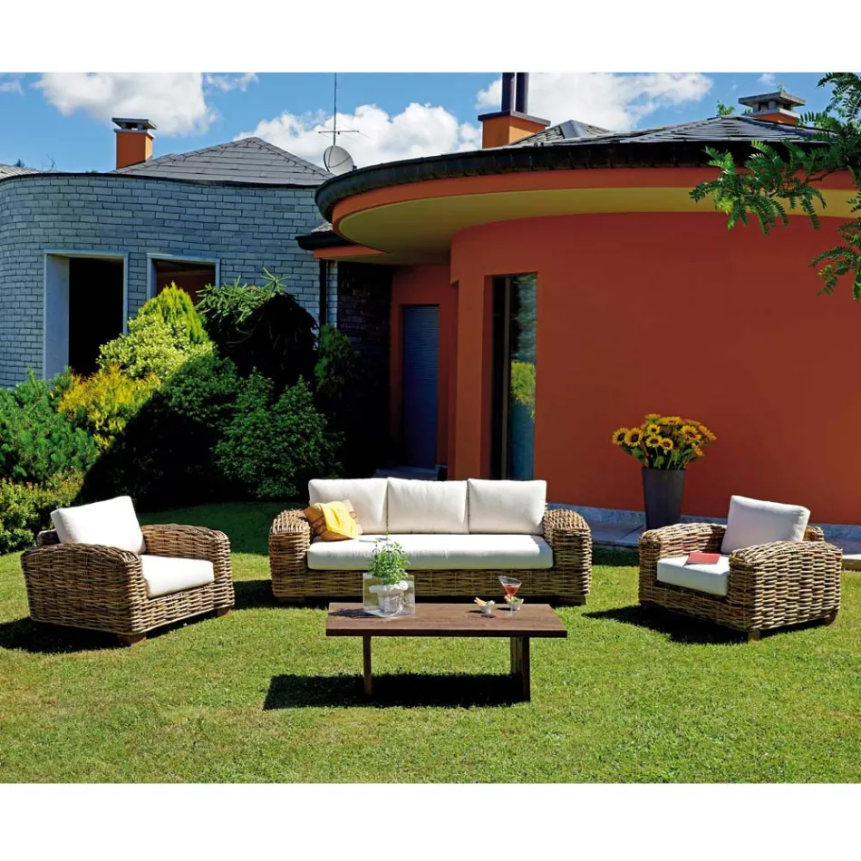 Rattan Garden Lounge com mesa de centro de madeira e almofadas - Hugues Viadurini