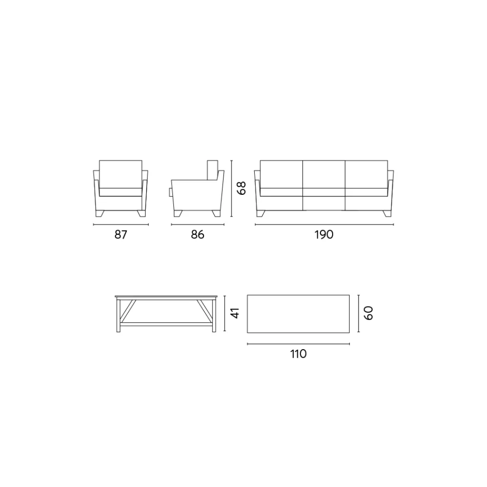 Lounge ao ar livre com mesa de centro de madeira de manga e almofadas de polialgodão - Orlanda Viadurini