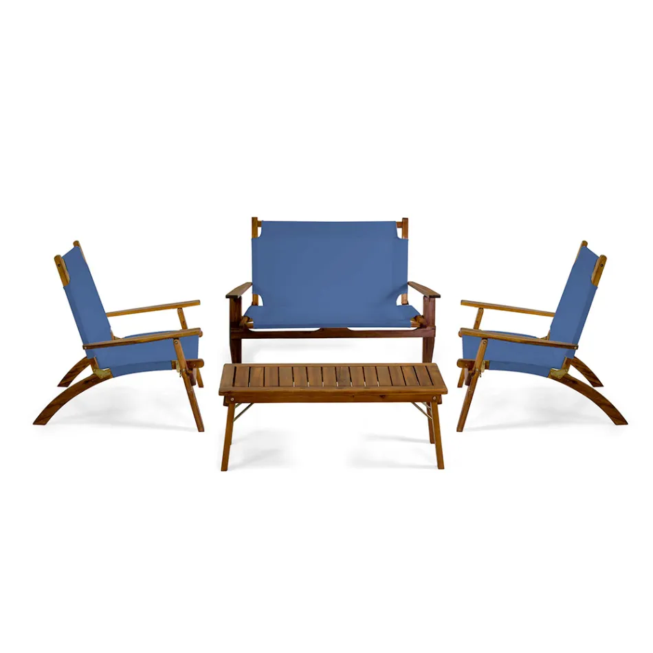 Sala de Estar em Madeira de Acácia Oleada Cor Natural e Tecido - Bottega Viadurini