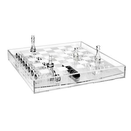 Tabuleiro de xadrez transparente em acrílico com gaveta, fabricado na Itália - Miriam Viadurini
