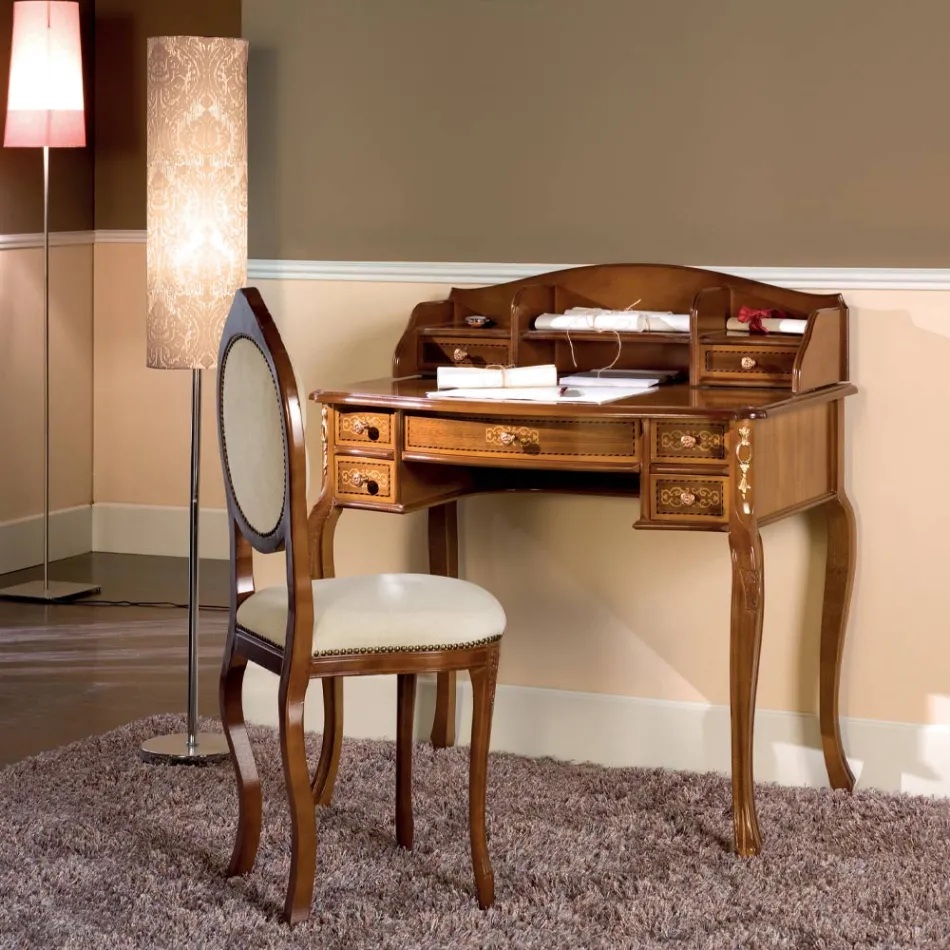 Secretária 7 gavetas em madeira de nogueira com embutidos made in Italy - Katerine Viadurini