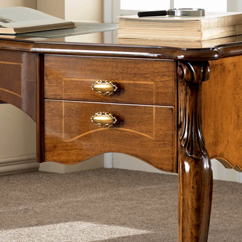 Secretária Clássica 5 Gavetas em Madeira e Couro Ecológico Made in Italy - Commodo Viadurini