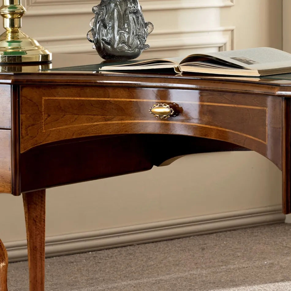 Secretária Clássica 5 Gavetas em Madeira e Couro Ecológico Made in Italy - Commodo Viadurini