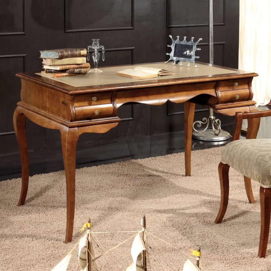 Secretária com 5 gavetas em madeira de nogueira e couro ecológico Made in Italy - Hastings Viadurini