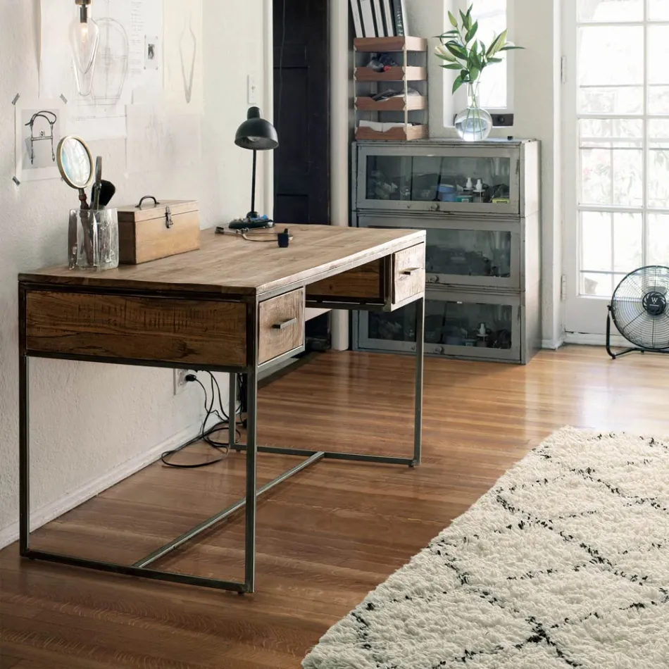 Mesa Homemotion Steel e Acacia Wood com 2 Gavetas - Benver Viadurini