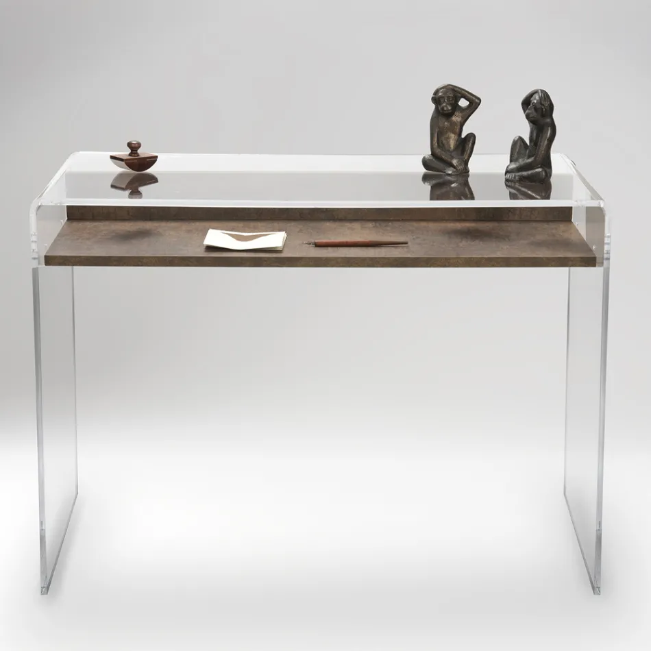 Mesa de acrílico transparente com prateleira de madeira design - Carducci Viadurini