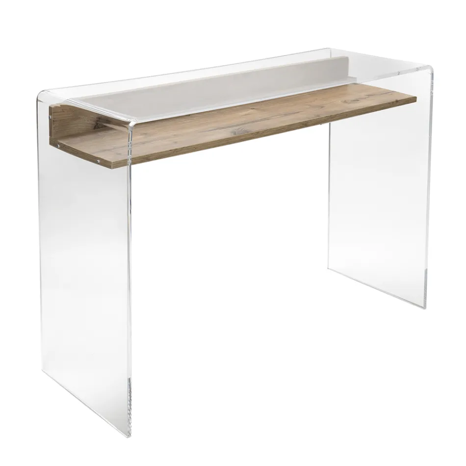 Mesa de acrílico transparente com prateleira de madeira design - Carducci Viadurini