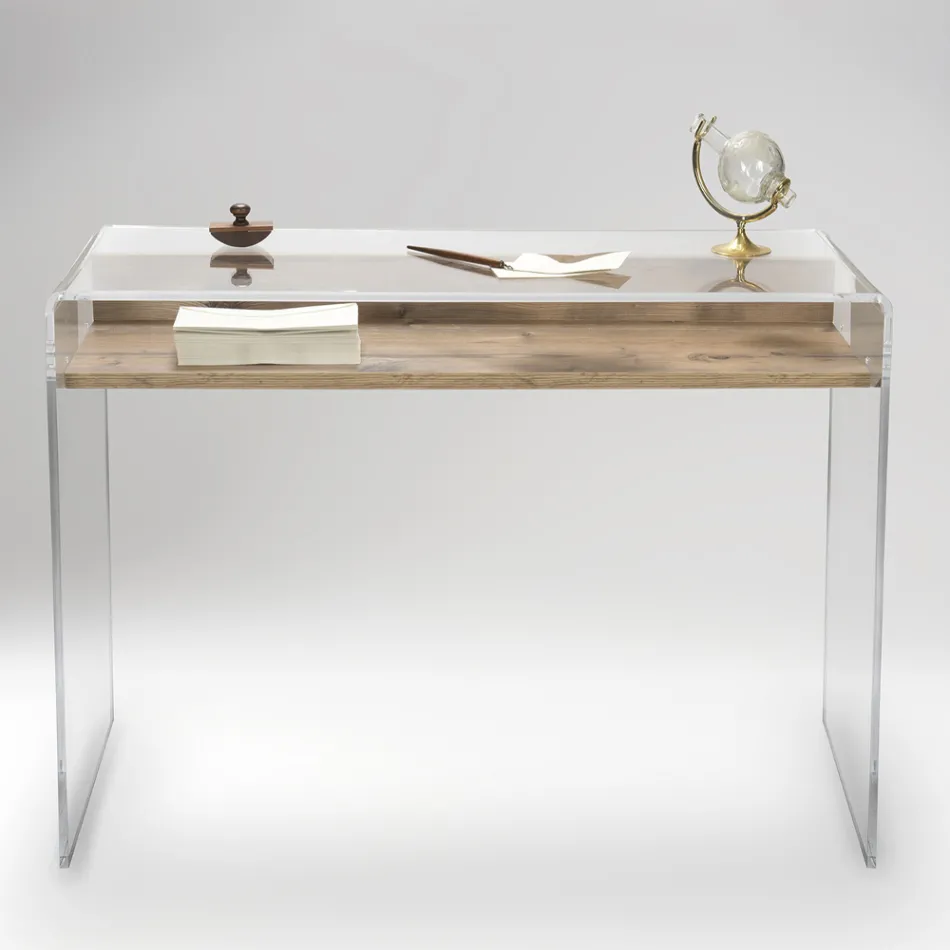 Mesa de acrílico transparente com prateleira de madeira design - Carducci Viadurini