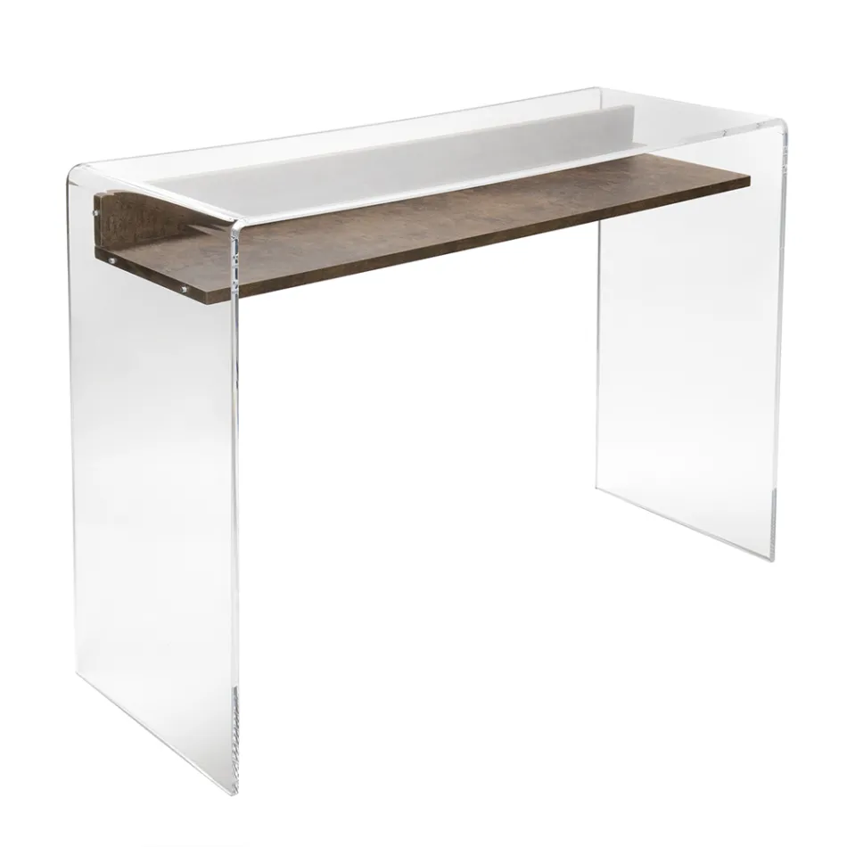 Mesa de acrílico transparente com prateleira de madeira design - Carducci Viadurini