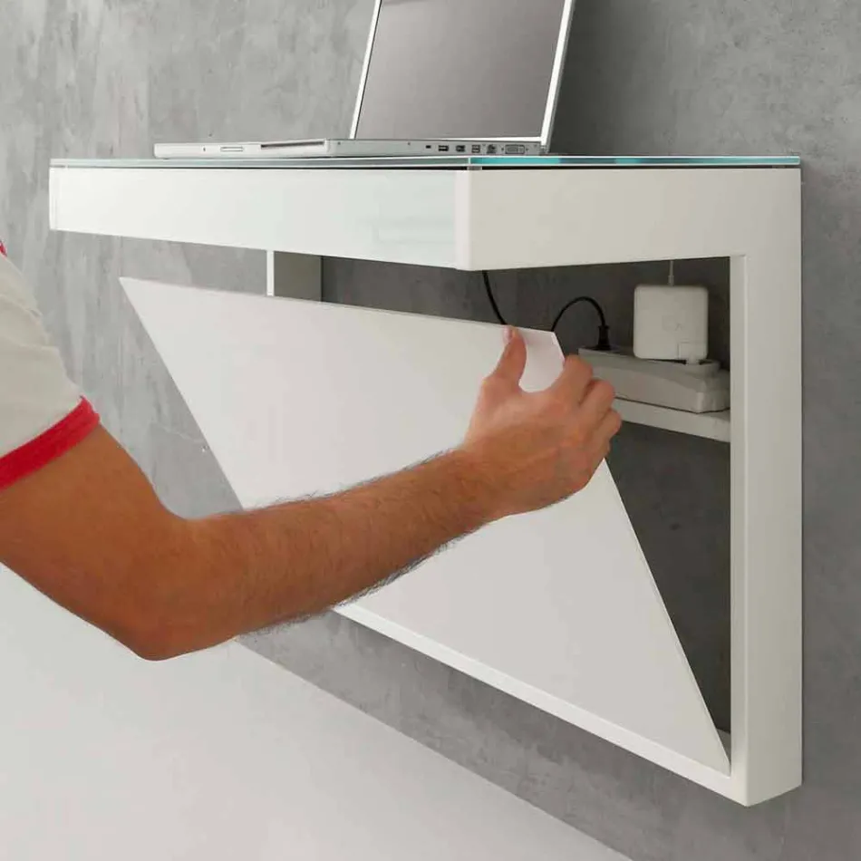 Secretária Suspensa em Cristal com Estrutura Metálica Made in Italy - Silício Viadurini