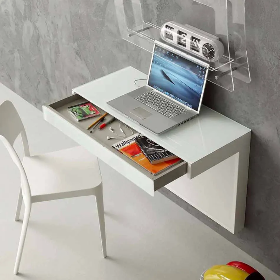 Secretária Suspensa em Cristal com Estrutura Metálica Made in Italy - Silício Viadurini