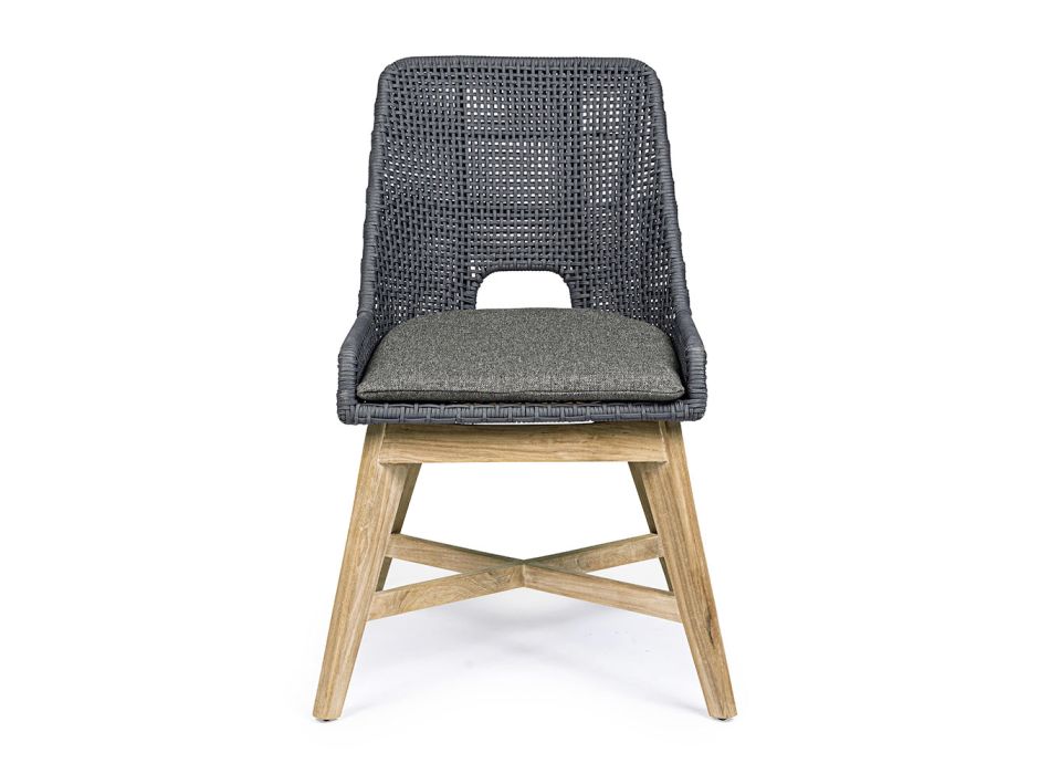 Cadeira Outdoor em Corda e Tecido com Base em Teca, Homemotion 2 Peças - Lesya Viadurini