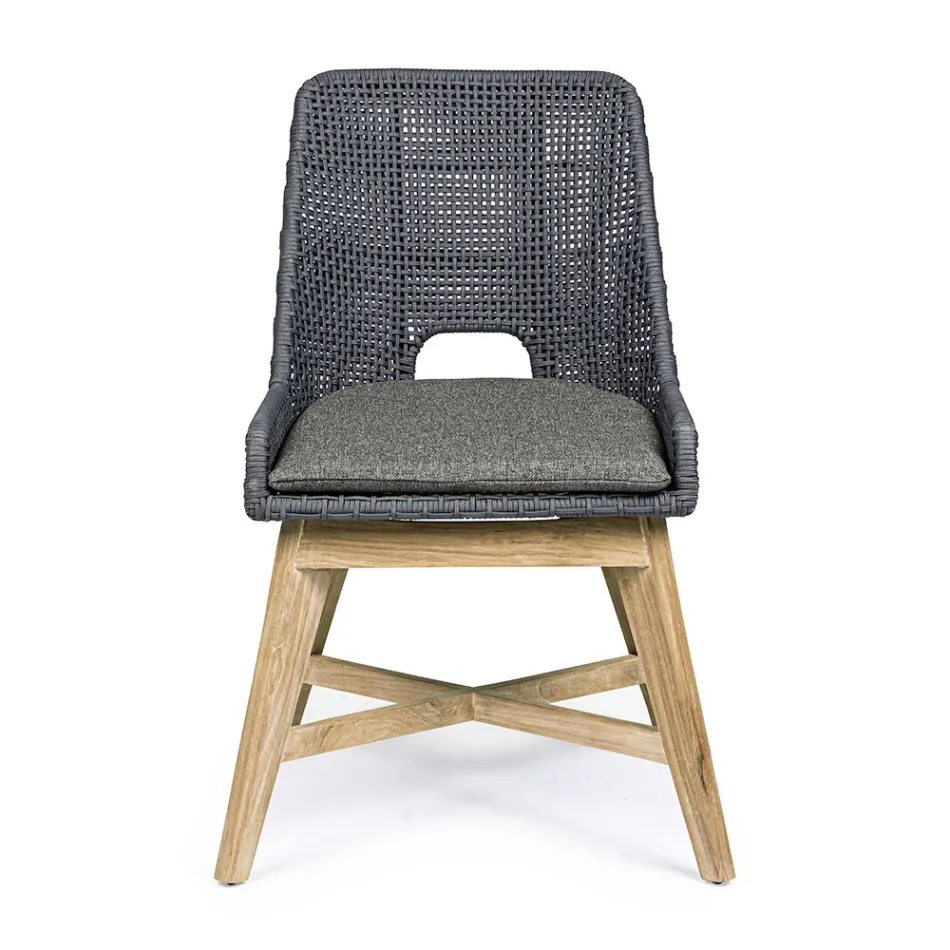 Cadeira Outdoor em Corda e Tecido com Base em Teca, Homemotion 2 Peças - Lesya Viadurini