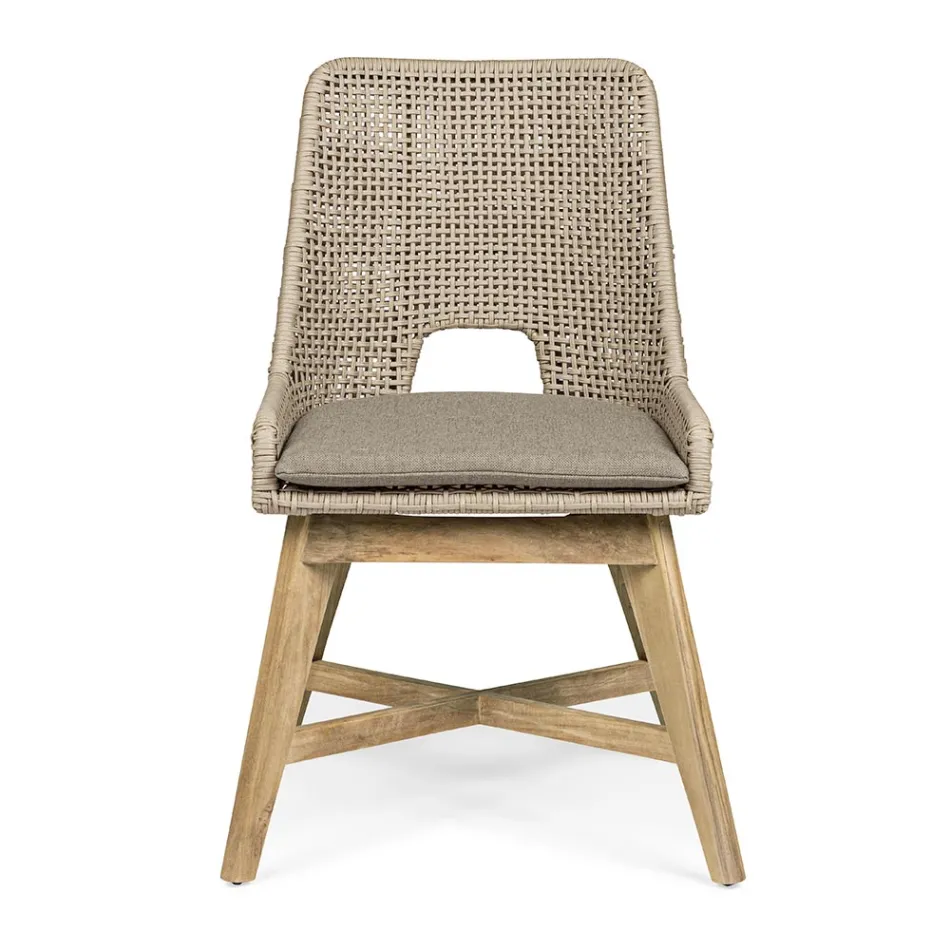 Cadeira Outdoor em Corda e Tecido com Base em Teca, Homemotion 2 Peças - Lesya Viadurini