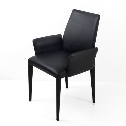 Cadeira de jantar com braços estofada em couro preto fabricado na Itália - Meyer Viadurini