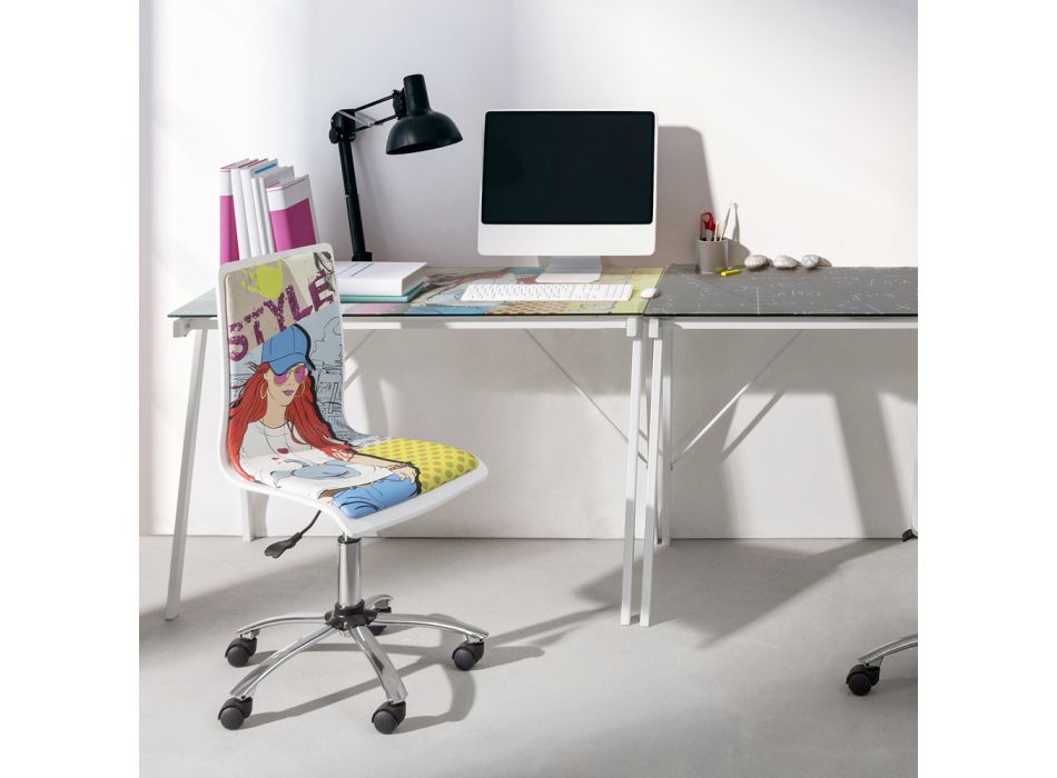 Cadeira de escritório giratória em aço e couro ecológico com estampa de papelão - Lollo Viadurini