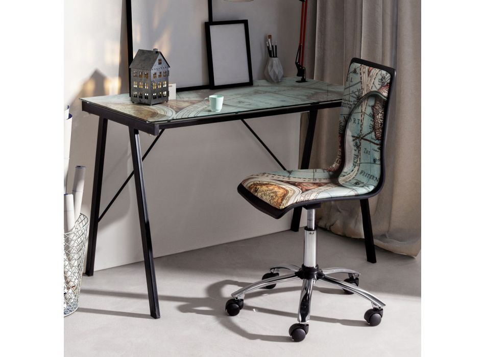 Cadeira giratória de escritório em aço e couro ecológico com impressão de mapa - Lollo Viadurini
