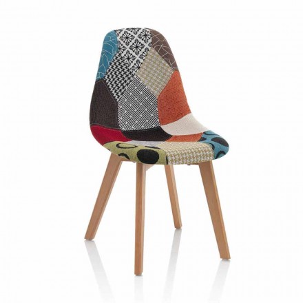 Cadeira Moderna em Tecido Patchwork com Pernas de Madeira, 4 Peças - Selena Viadurini