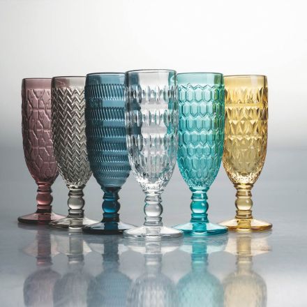 Conjunto de cálice de flauta em vidro colorido e decorações diferentes - 12 peças - mistura Viadurini