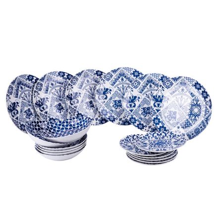 Serviço de 18 Pratos de Porcelana de Cor Branca e Azul - Wieder Viadurini