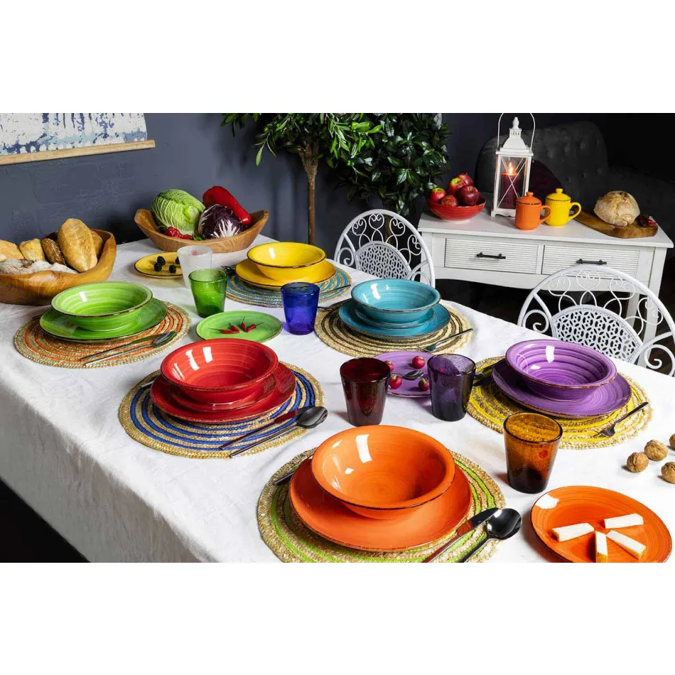 Talheres com Pratos Coloridos 18 Peças em Grés Moderno - Abruzzo Viadurini