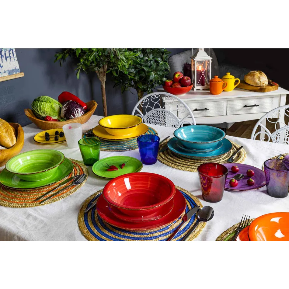 Talheres com Pratos Coloridos 18 Peças em Grés Moderno - Abruzzo Viadurini