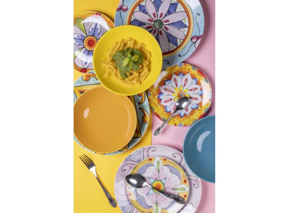 Serviço de jantar de 18 peças em grés colorido e porcelana - Entre Viadurini