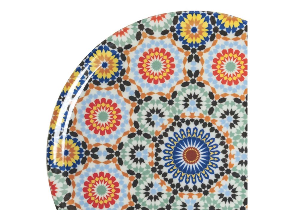 Prato para Pizza de Porcelana Colorida Decorada Serviço 6 Peças - Marrocos Viadurini