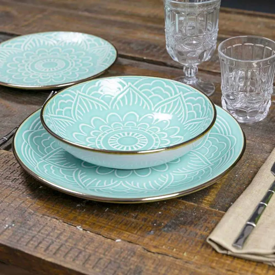 Serviço de Pratos em Hard Dolomite Grey, Light Blue ou Blue 18 Pieces - Arabian Viadurini