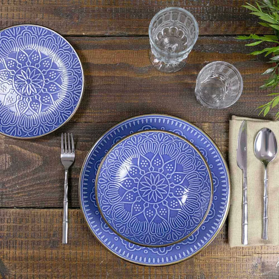 Serviço de Pratos em Hard Dolomite Grey, Light Blue ou Blue 18 Pieces - Arabian Viadurini