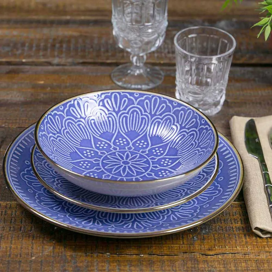 Serviço de Pratos em Hard Dolomite Grey, Light Blue ou Blue 18 Pieces - Arabian Viadurini