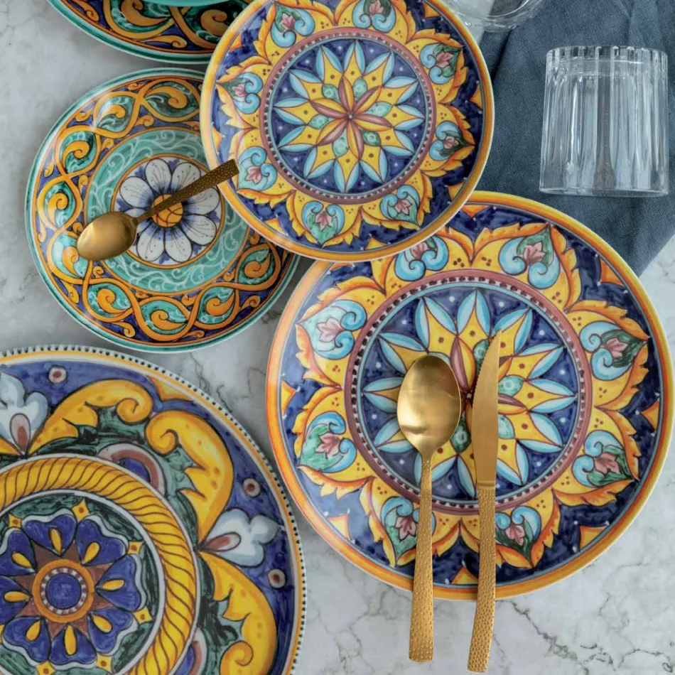 Conjunto de talheres de aço dourado cetim com efeito tartaruga 24 peças - pedra Viadurini