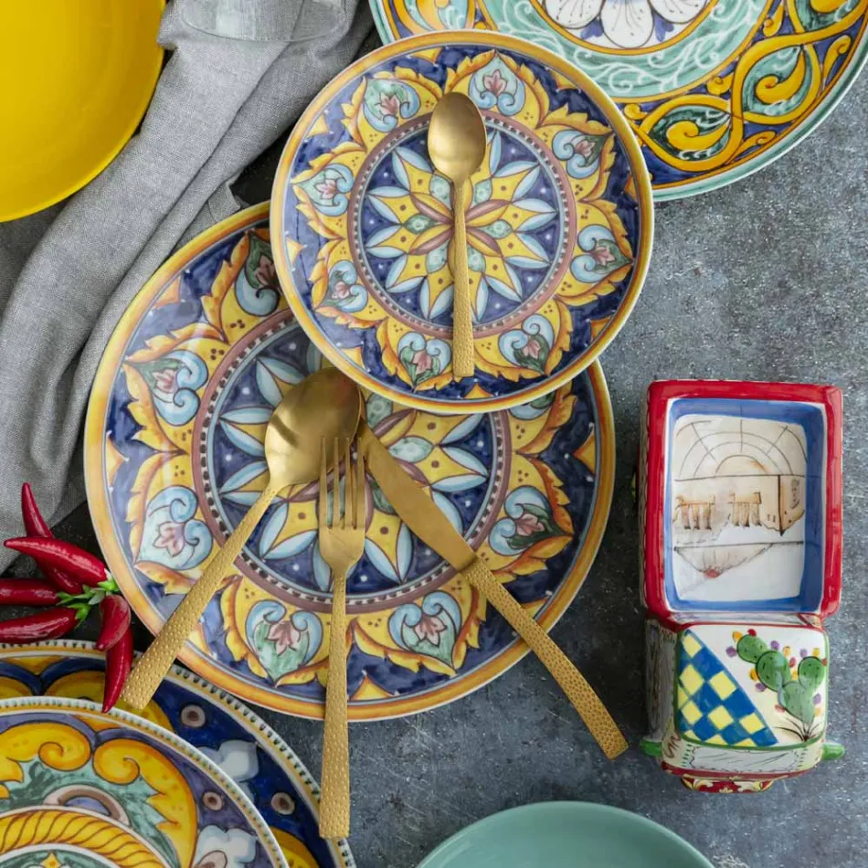 Conjunto de talheres de aço dourado cetim com efeito tartaruga 24 peças - pedra Viadurini