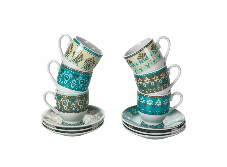 Conjunto de xícaras e pires de café em porcelana colorida e decorada com 12 unidades - Pérsia Viadurini